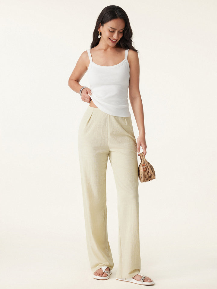 Wrinkle-free Cotton-linen Mid Rise Straight Leg Pant