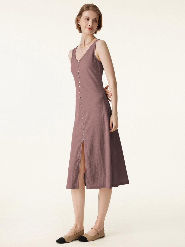 Multi-wear V-neck Button Front Midi Vest Dress Redwood XS