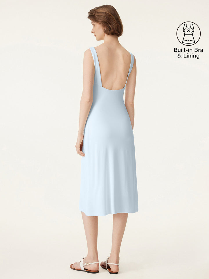 Classy Boatneck Open Back Bandless Midi Brami Dress Sky Glass XS