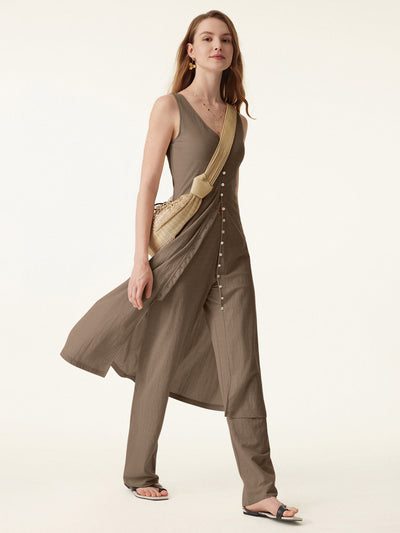 2-teiliges Set Midi-Westenkleid mit V-Ausschnitt und Knopfleiste vorne & mittelhoher Hose mit geradem Bein