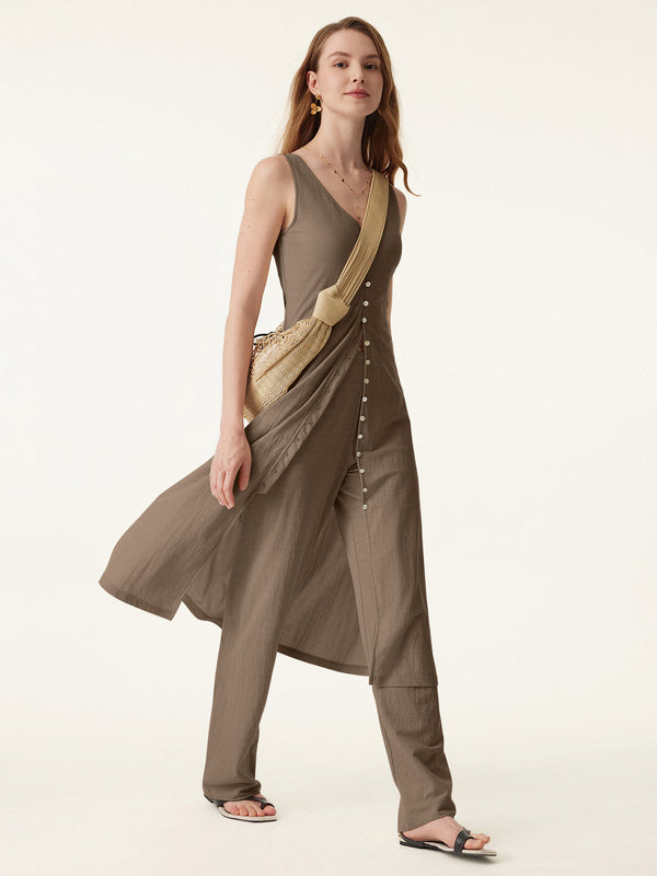 2Pcs Set V-neck Button Front Midi Vest Dress & Mid Rise Straight Leg Pant