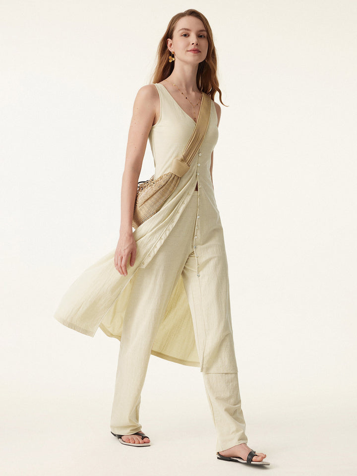2Pcs Set V-neck Button Front Midi Vest Dress & Mid Rise Straight Leg Pant Ash Ivory XS