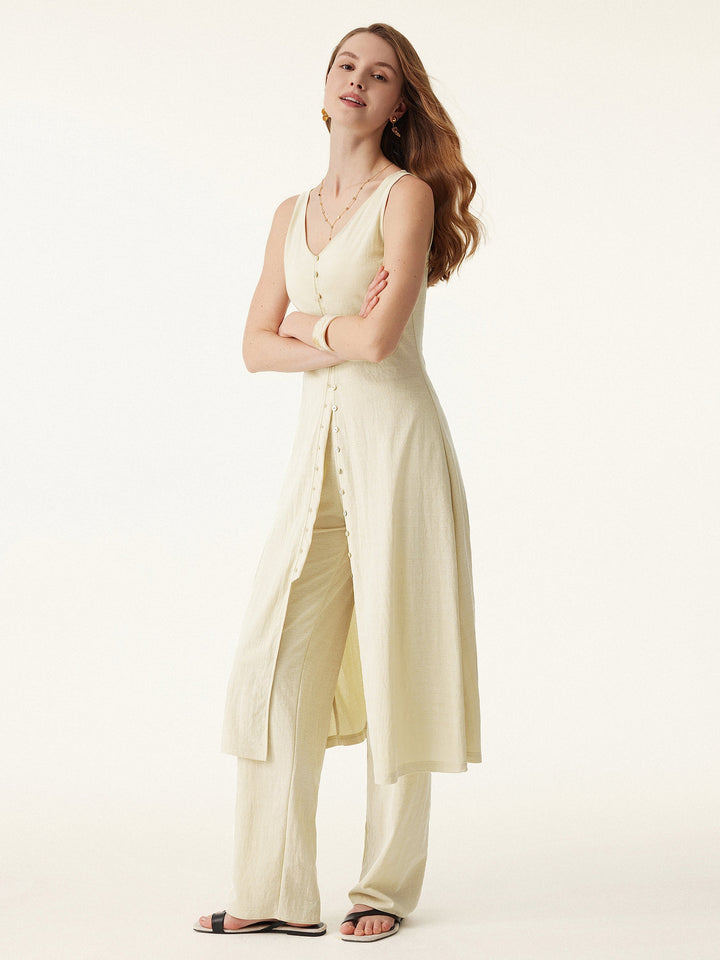 2Pcs Set V-neck Button Front Midi Vest Dress & Mid Rise Straight Leg Pant