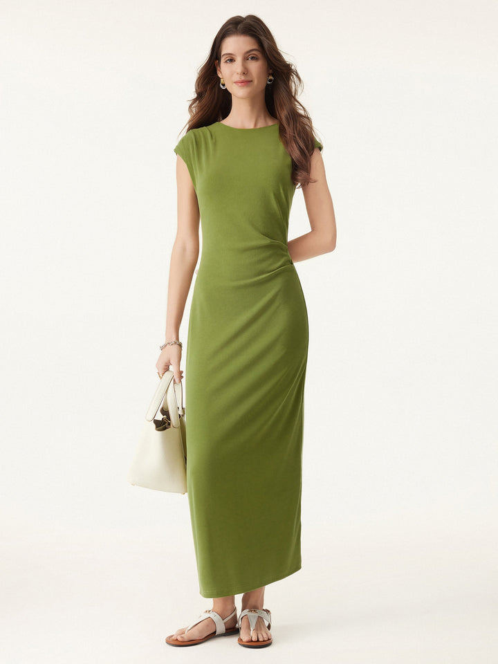 Flowy Sandwashed Crewneck Cap Sleeve Ruched Flared Maxi Brami Dress