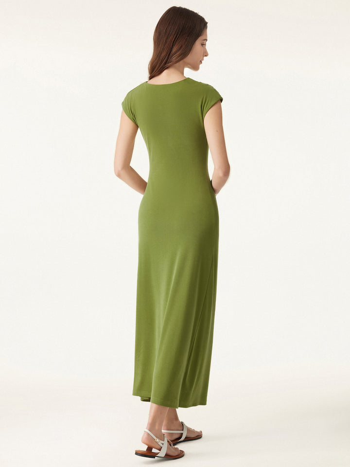 Flowy Sandwashed Crewneck Cap Sleeve Ruched Flared Maxi Brami Dress