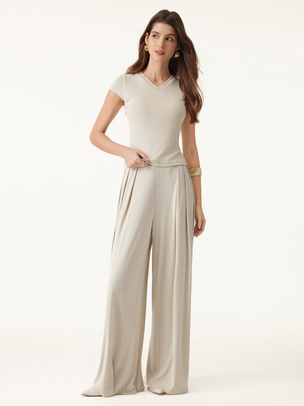 OGLmove Mid Rise Pleated Wide Leg Palazzo Pants with Pockets