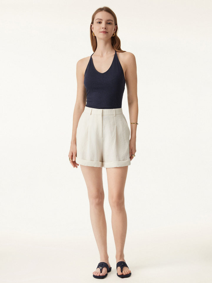 Wrinkle-free High Rise Cuffed Linen Shorts