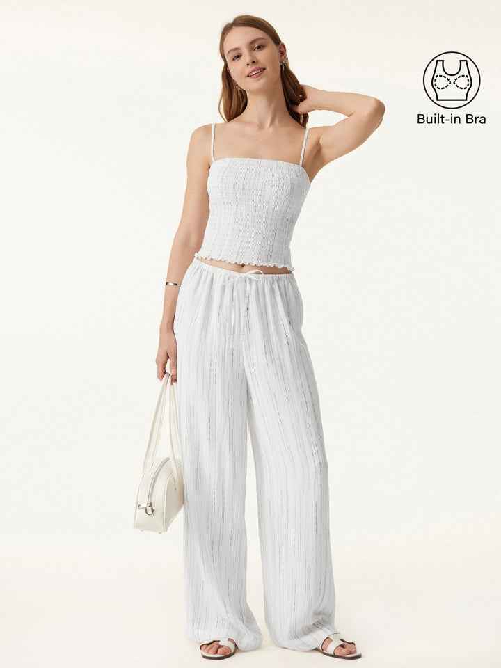 2Pcs Set Striped Adjustable Spaghetti Brami & Striped Wide Leg Pants with Pockets