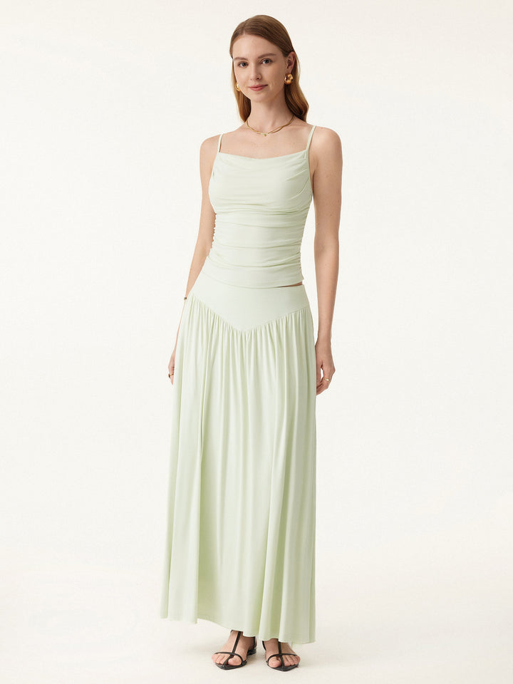 2Pcs Set Adjustable Spaghetti Straps Brami & V-shape Maxi Skirt with Pockets