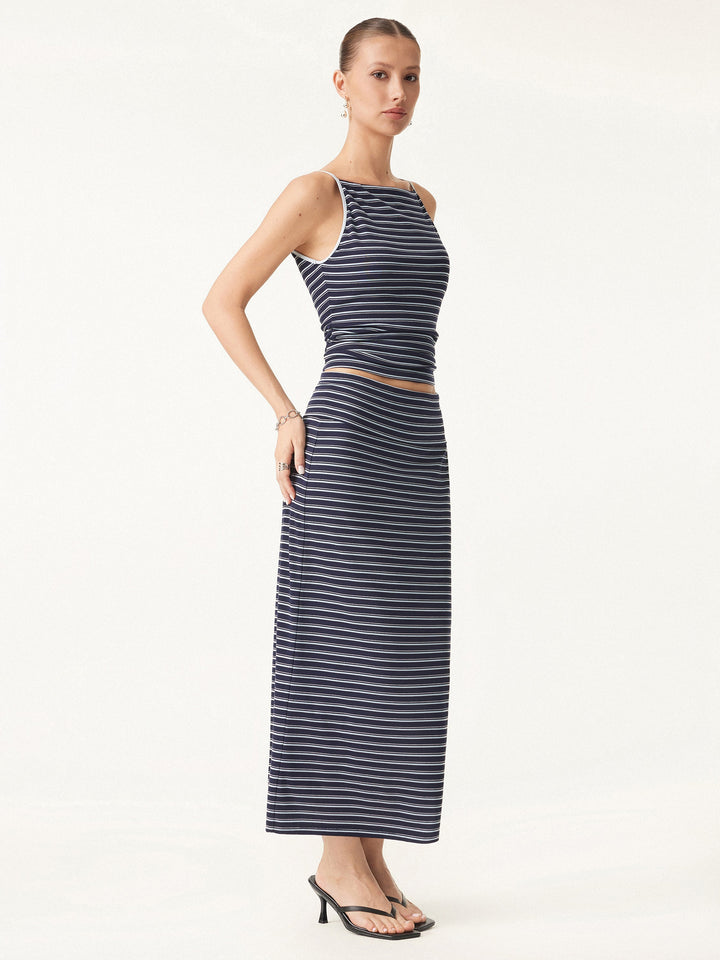 2Pcs Set Striped Spaghetti Brami & Low Rise Striped Midi Skirt