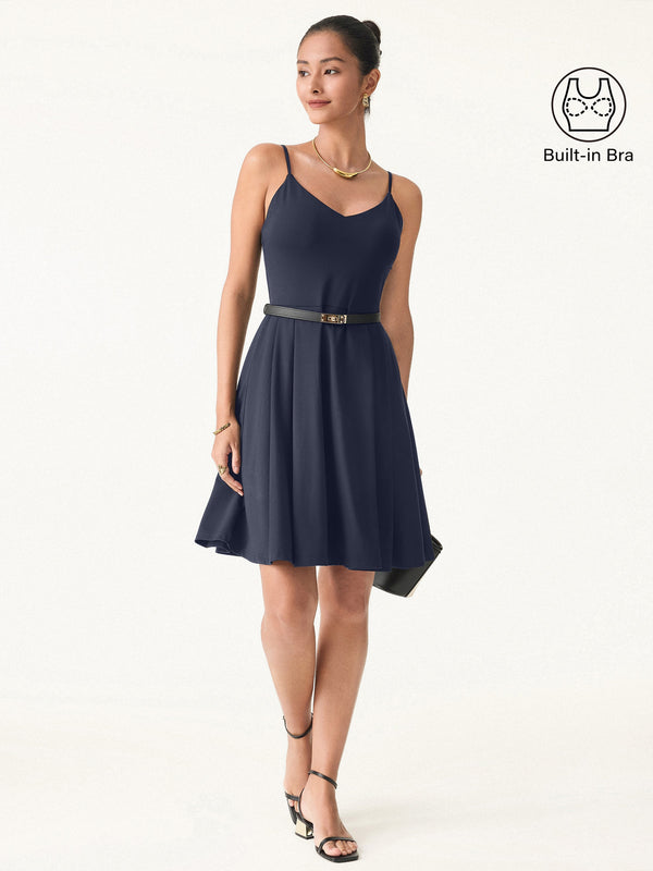 Bamboo Ponte V-neck Fit-and-flare Mini Brami Dress with Pockets Midnight Navy XS