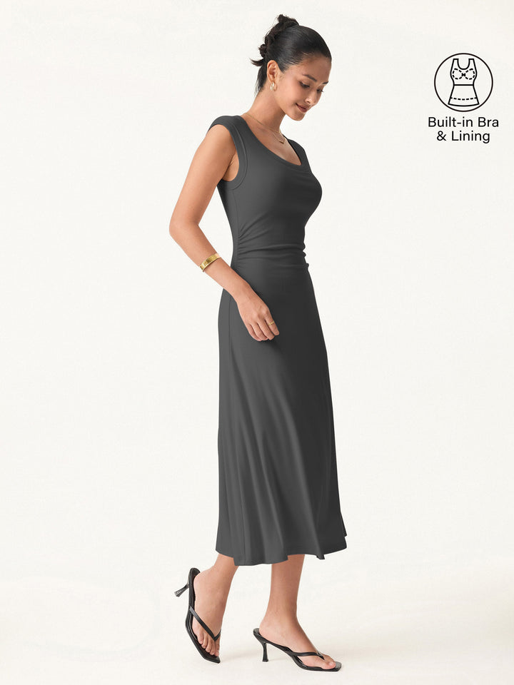 Scoop Neck Side Ruched New Airy Brami Midi Dress Blue Charcoal XS