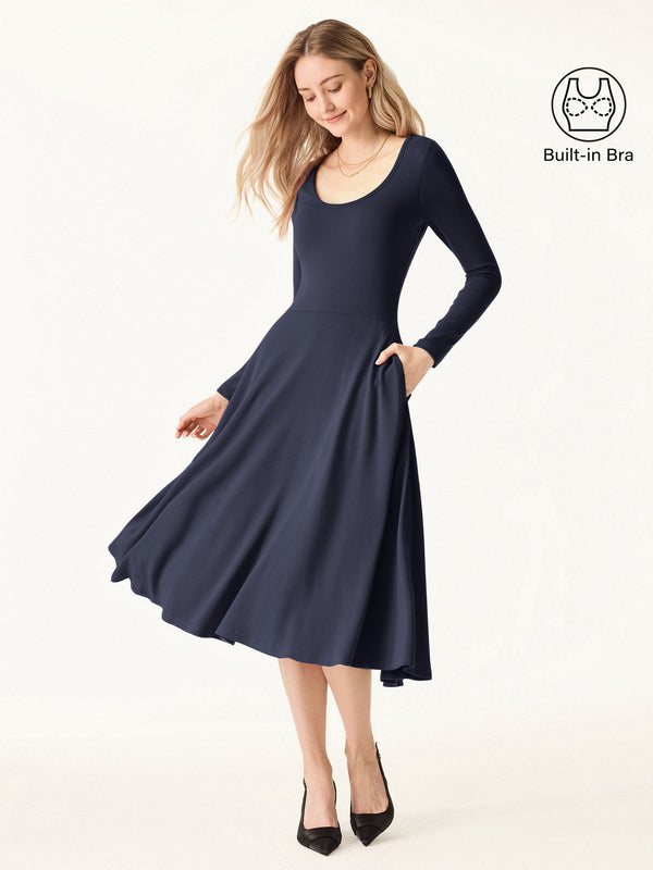Essential Scoop Neck Long Sleeve Midi Brami Dress with Pockets