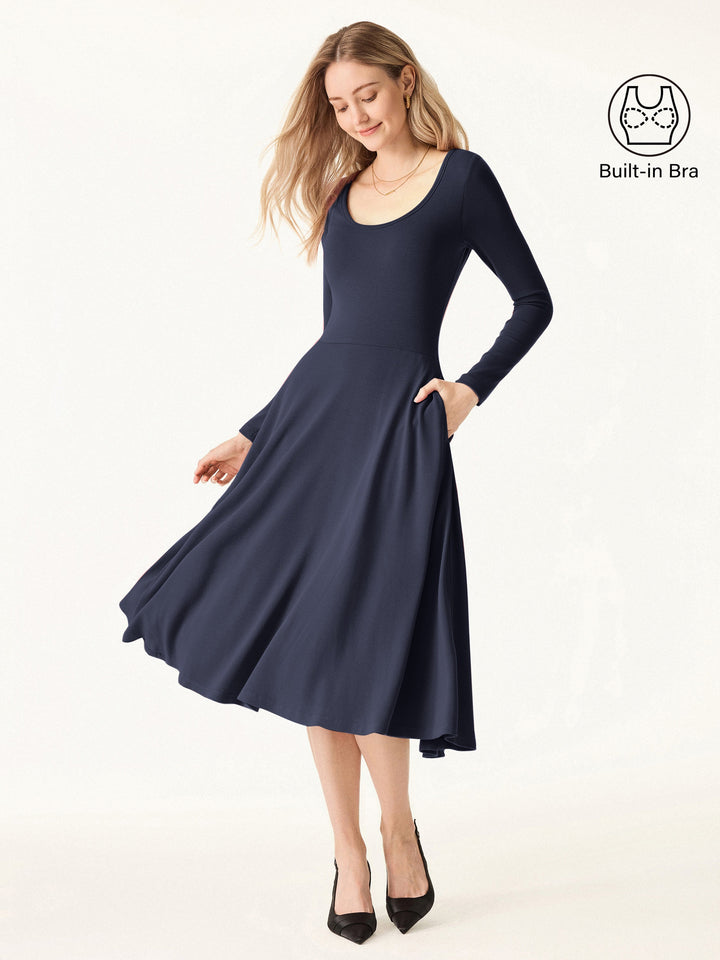 Essential Scoop Neck Long Sleeve Midi Brami Dress with Pockets