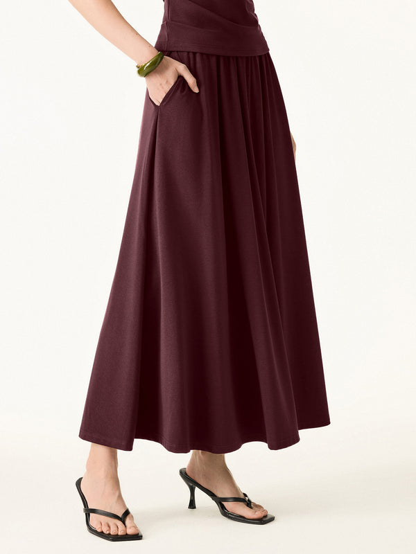 OGLmoveStretch Cotton Maxi Umbrella Skirt with Pockets Ruby Red XS