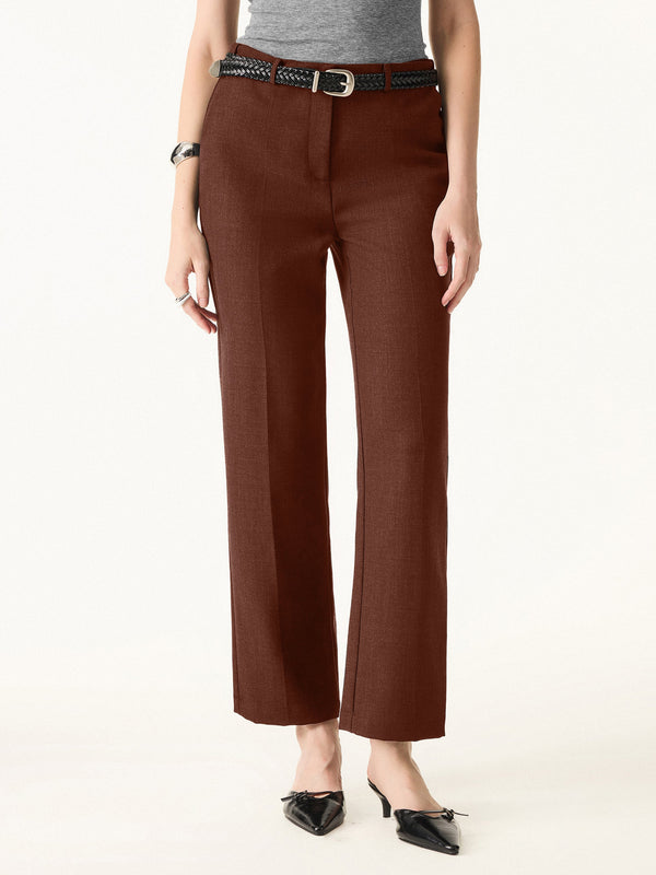 Stretch Wool Mid Rise Slim Straight Trousers with Pockets Regular Red Clay