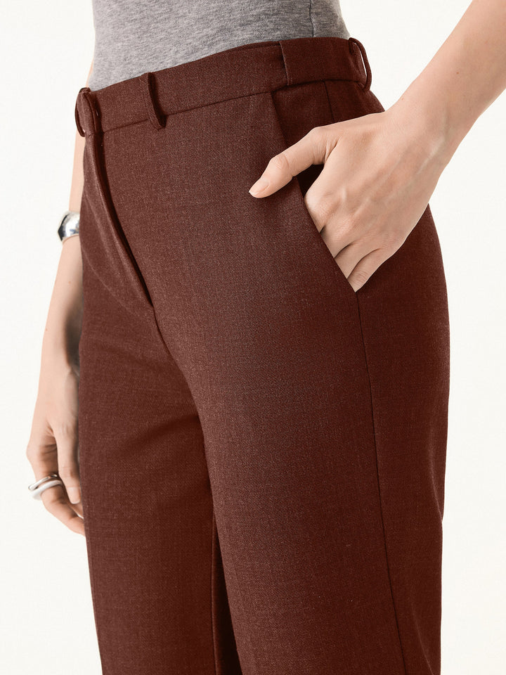 Stretch Wool Mid Rise Slim Straight Trousers with Pockets