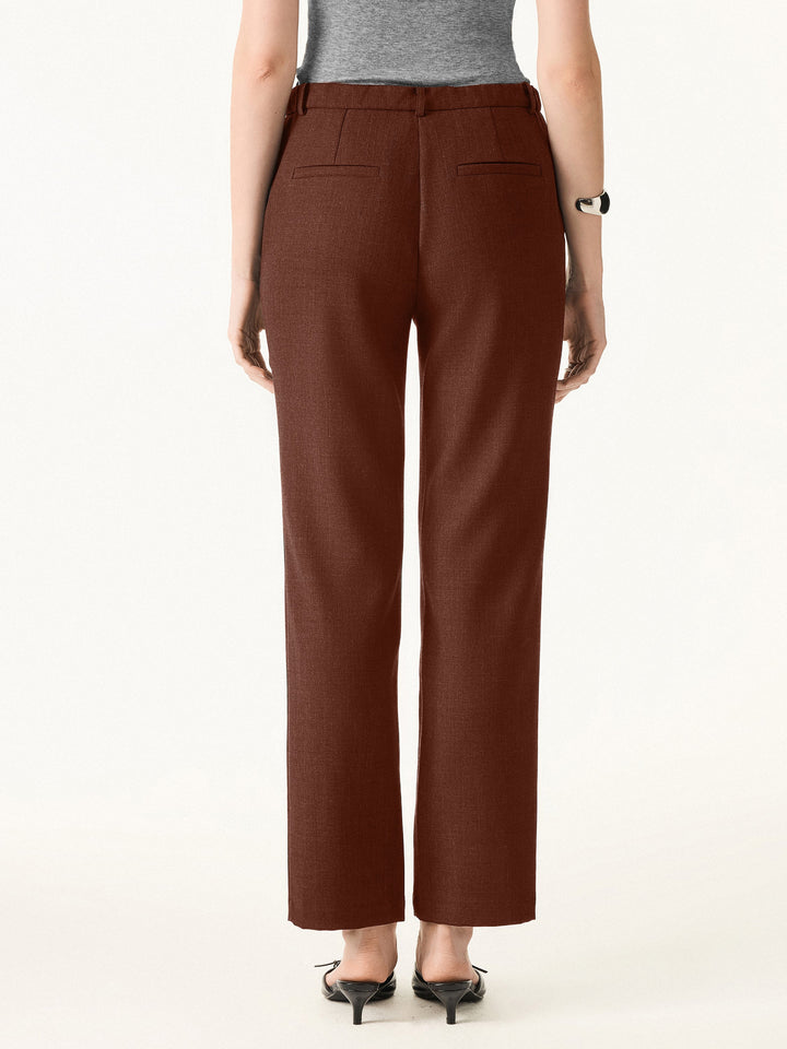 Stretch Wool Mid Rise Slim Straight Trousers with Pockets