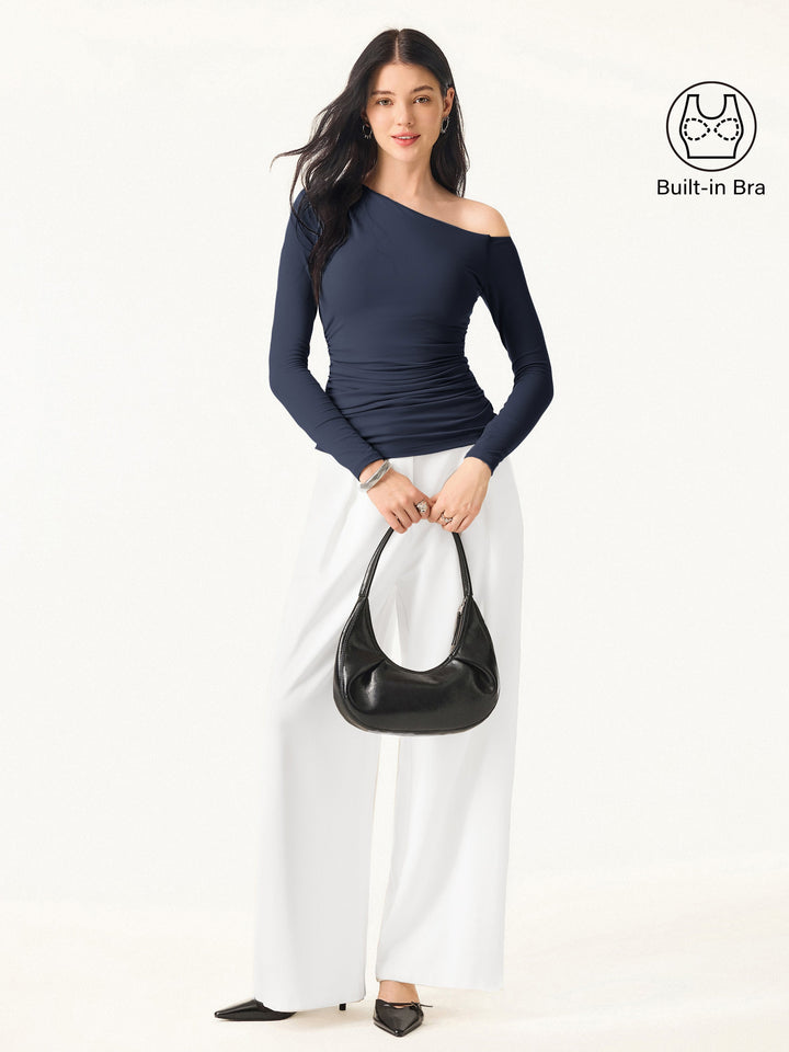 Asymmetrical Shoulders Long Sleeve Gathered Brami Top