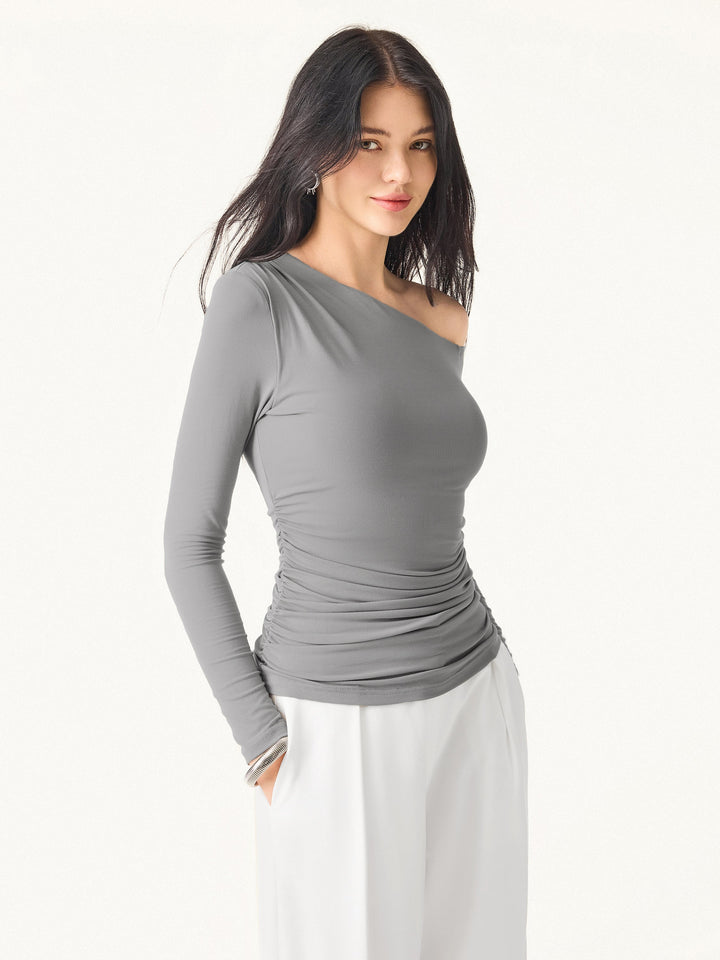 Asymmetrical Shoulders Long Sleeve Gathered Brami Top