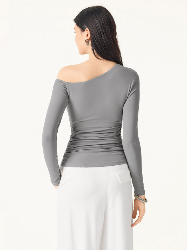 Asymmetrical Shoulders Long Sleeve Gathered Brami Top