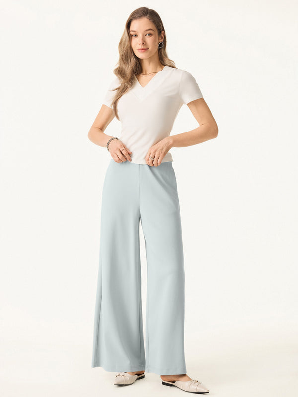 Wrinkle-Resistant Mid Rise Wide Leg Pull-on Pants with Pockets Petite Smoke Blue