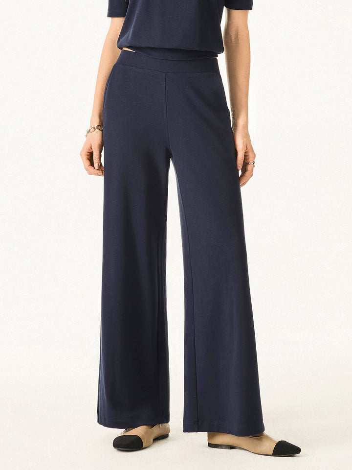 Lyocell Wool Mid Rise Wide Leg Pull-on Pants with Pockets Petite Smoky Navy