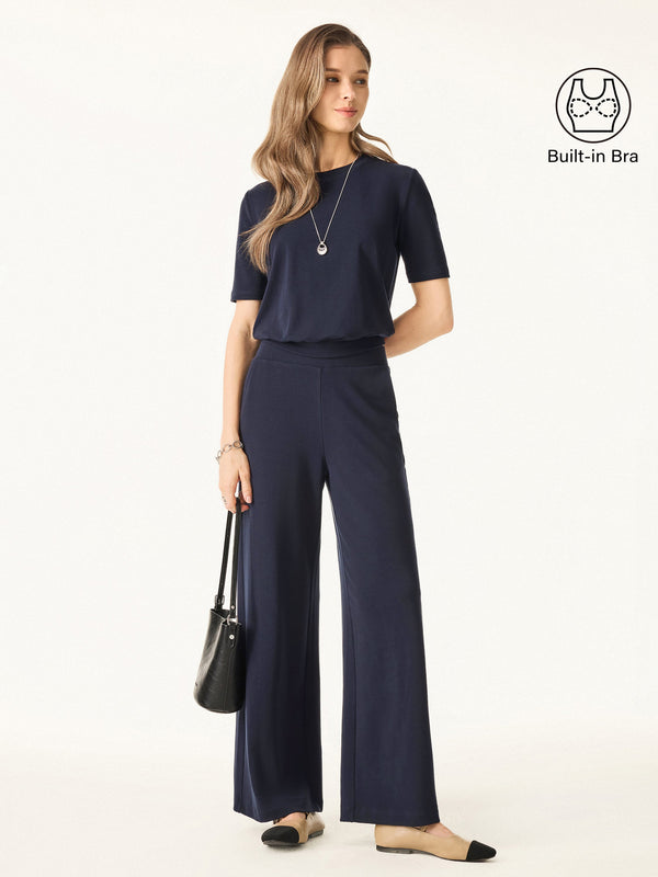 2Pcs Set Crewneck Brami with Banded Hem & Mid Rise Wide Leg Petite Pants with Pockets Smoky Navy XS