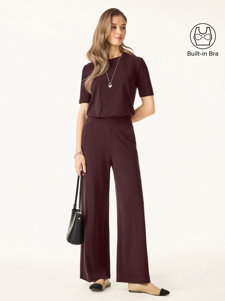 2Pcs Set Crewneck Brami with Banded Hem & Mid Rise Wide Leg Petite Pants with Pockets Ruby Berry XS