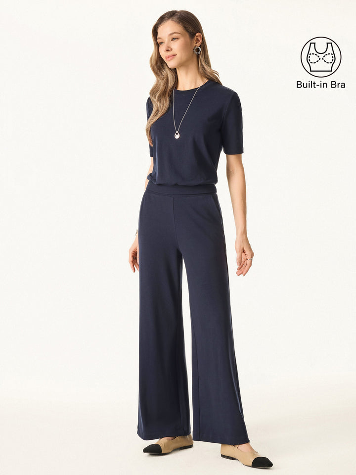 2Pcs Set Crewneck Brami with Banded Hem & Mid Rise Wide Leg Petite Pants with Pockets