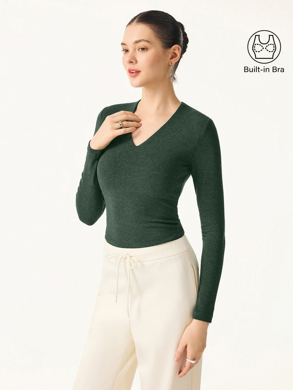 Stretch Cotton V-Neck Long Sleeve Brami Top