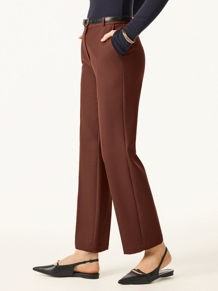 Stretch Wool Mid Rise Slim Straight Trousers with Pockets