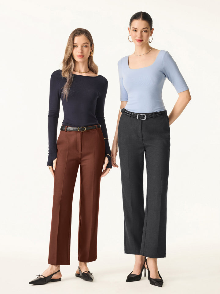 Stretch Wool Mid Rise Slim Straight Trousers with Pockets