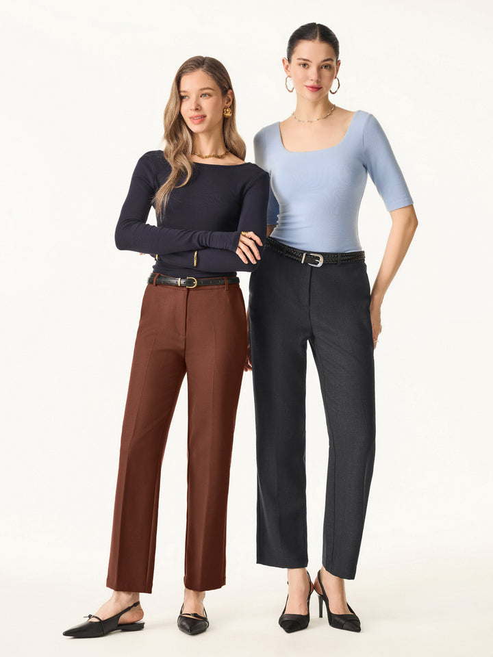 Stretch Wool Mid Rise Slim Straight Trousers with Pockets