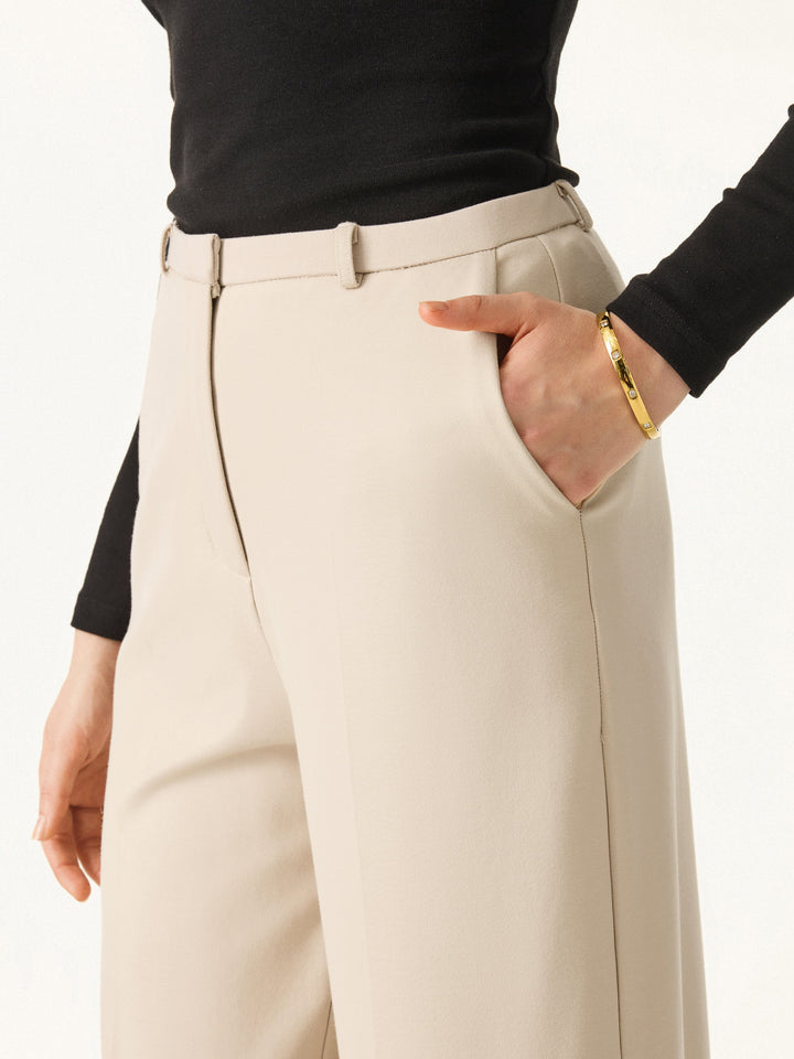 Wrinkle-Resistant High Rise Wide Leg Fly-Front Trousers with Pockets