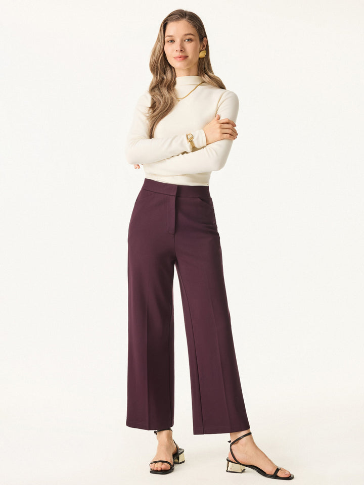 Ponte High Rise Straight Leg Cropped Fly-Front Trousers with Pockets Petite Sangria