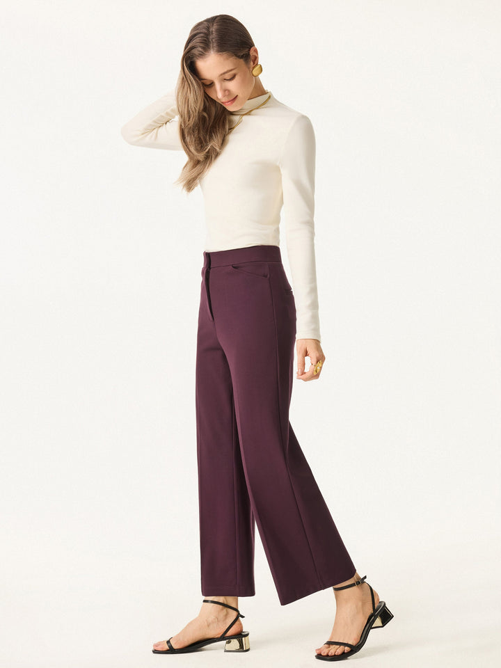 Ponte High Rise Straight Leg Cropped Fly-Front Trousers with Pockets
