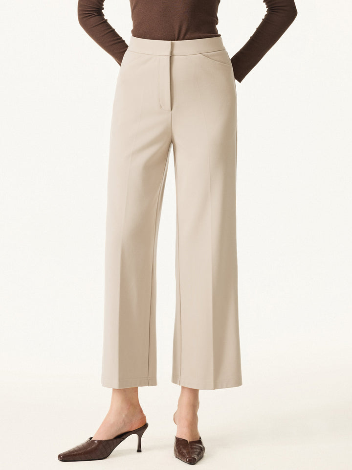Ponte High Rise Straight Leg Cropped Fly-Front Trousers with Pockets Regular Sand Tan