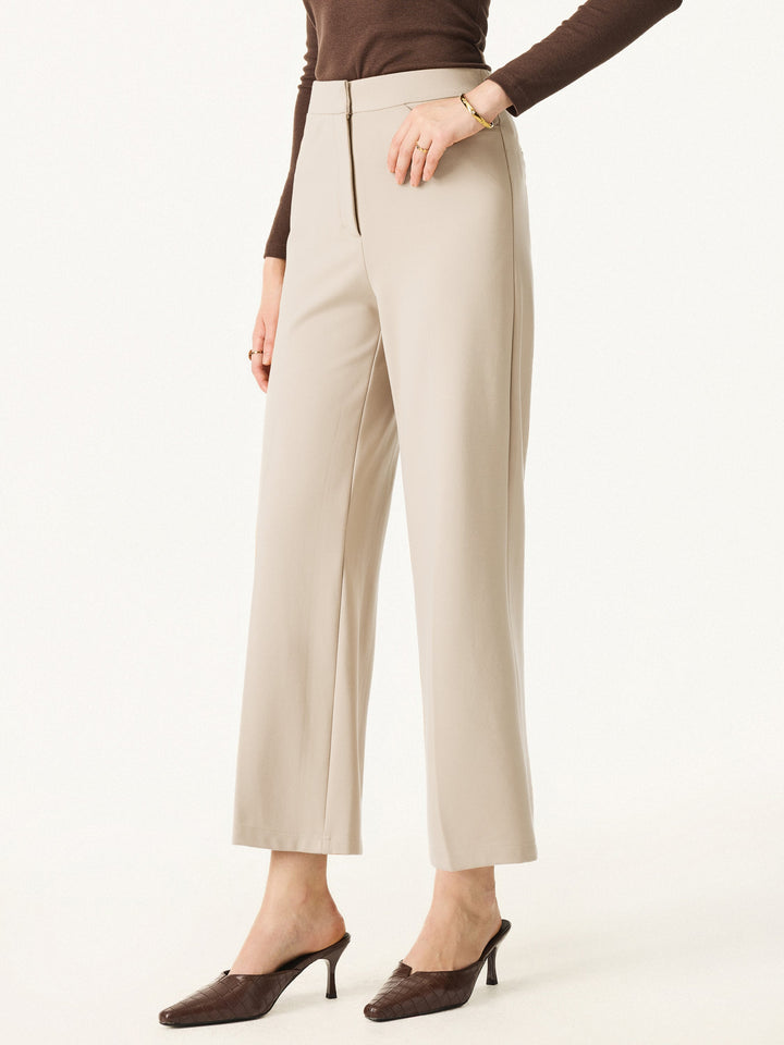 Ponte High Rise Straight Leg Cropped Fly-Front Trousers with Pockets