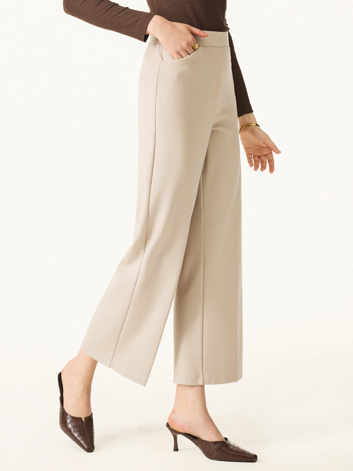 Ponte High Rise Straight Leg Cropped Fly-Front Trousers with Pockets