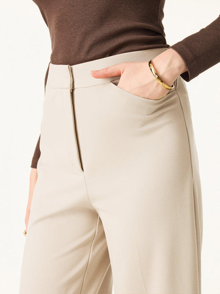Ponte High Rise Straight Leg Cropped Fly-Front Trousers with Pockets