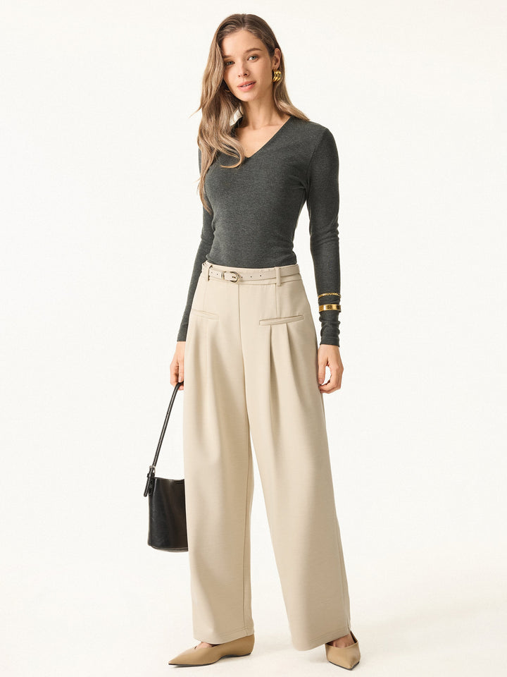 Bamboo Spacer Mid Rise Wide Leg Pull-on Trousers with Pockets