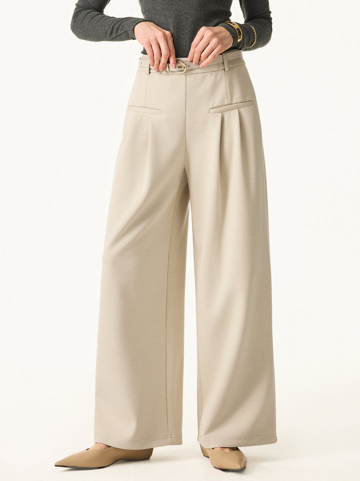 Bamboo Spacer Mid Rise Wide Leg Pull-on Trousers with Pockets Petite Tan