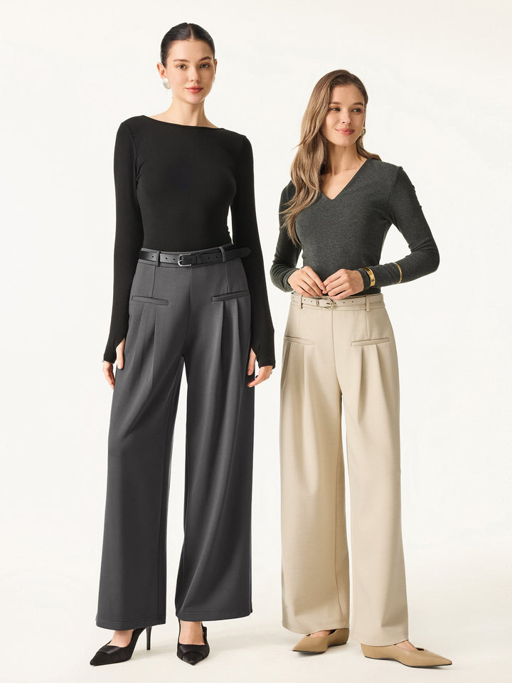 Bamboo Spacer Mid Rise Wide Leg Pull-on Trousers with Pockets