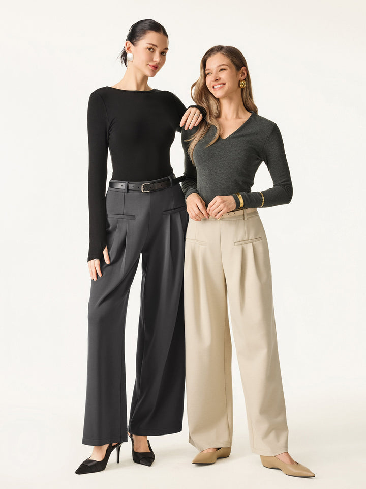 Bamboo Spacer Mid Rise Wide Leg Pull-on Trousers with Pockets