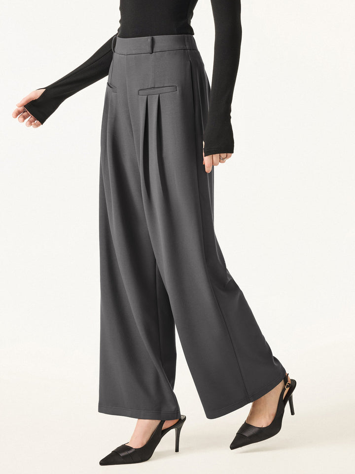 Bamboo Spacer Mid Rise Wide Leg Pull-on Trousers with Pockets