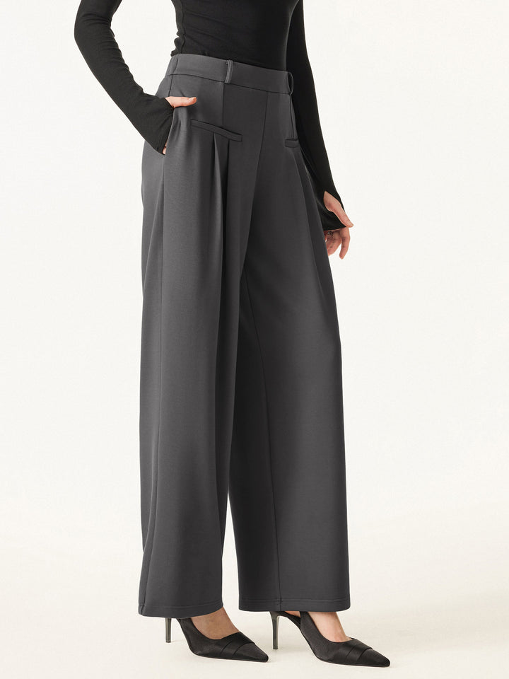 Bamboo Spacer Mid Rise Wide Leg Pull-on Trousers with Pockets