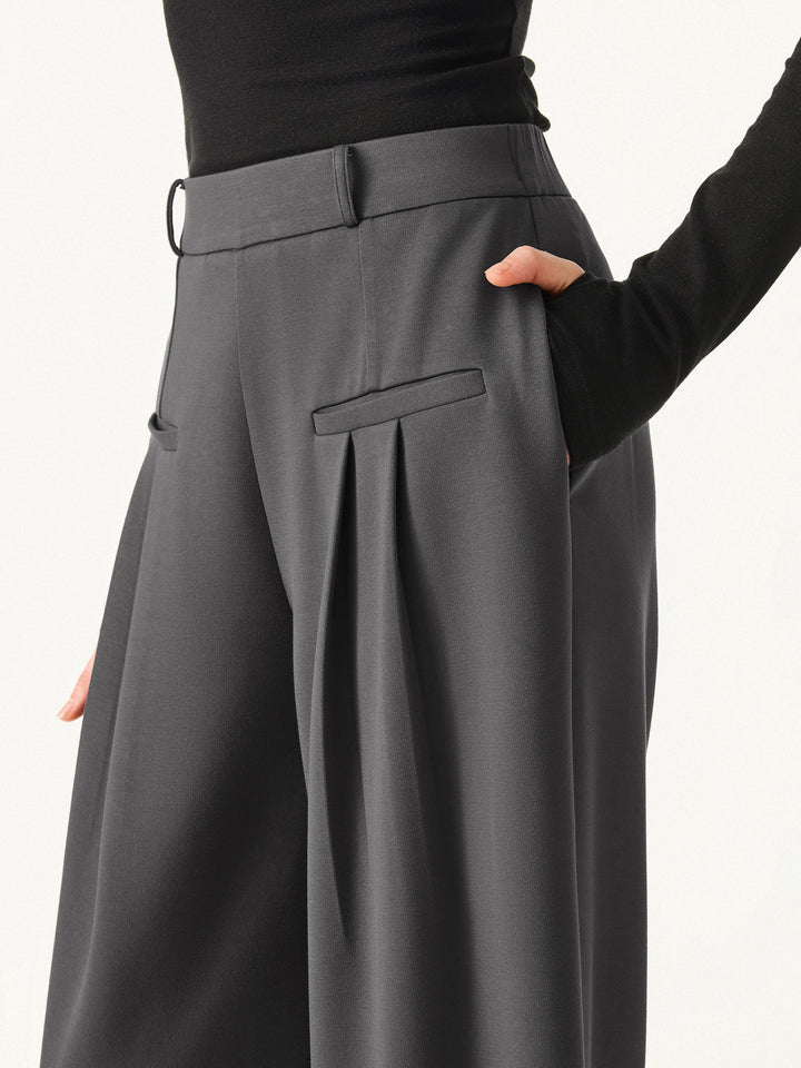 Bamboo Spacer Mid Rise Wide Leg Pull-on Trousers with Pockets