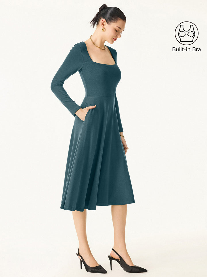 Essential Square Neck Long Sleeve Fit-and-Flare Brami Midi Dress with Pockets Deep Water XS
