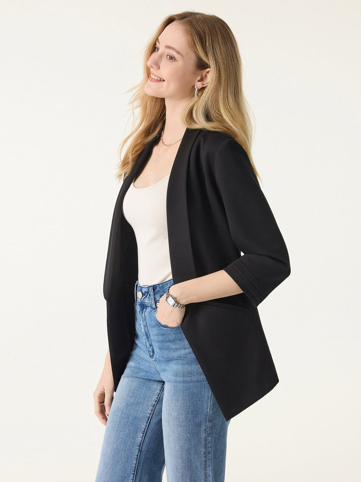 2Pcs Set Shawl Lapel 3/4 Sleeve Blazer with Pockets & High Rise Straight Leg Trousers